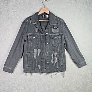 Divided Black Denim Jacket Thrashed Distressed Raw Hem Oversized Y2K Fall Retro